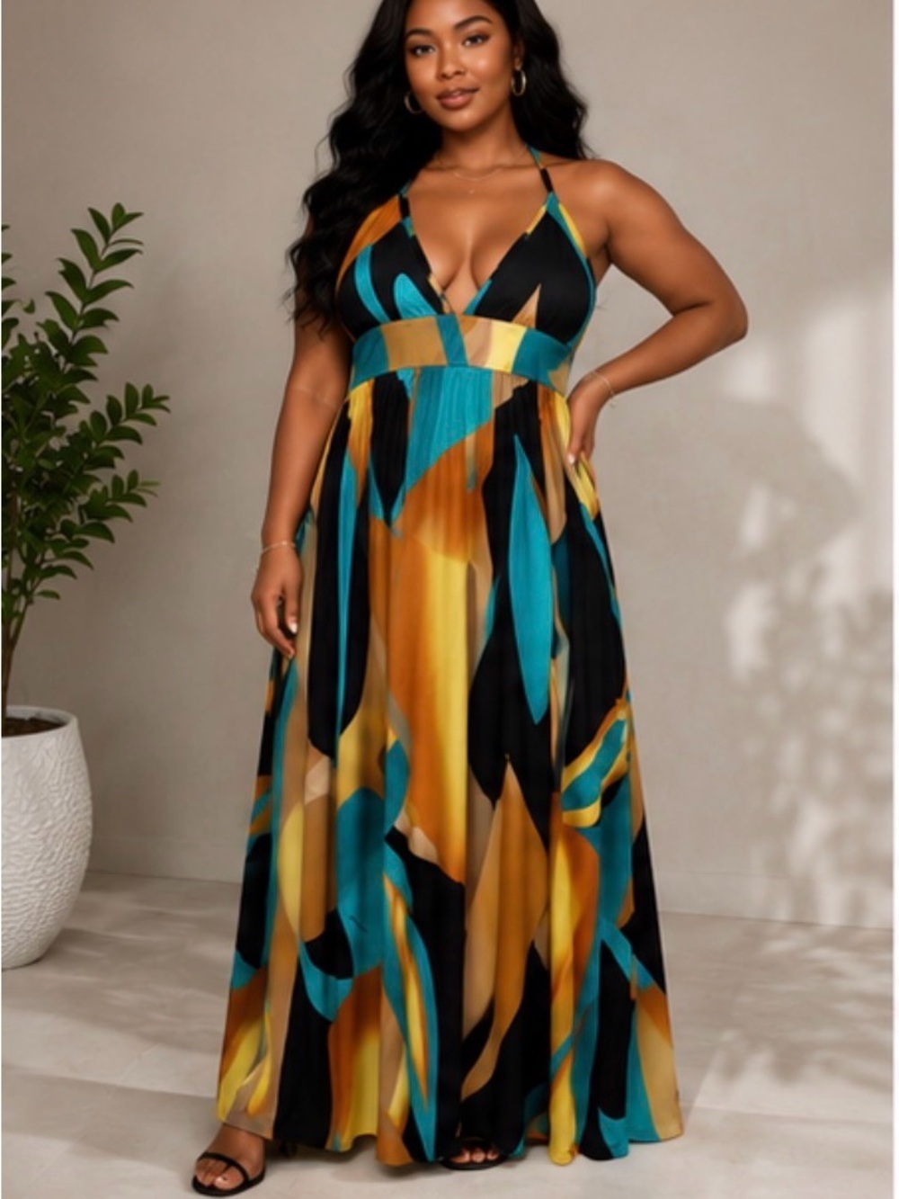 Abstract Print Halter Maxi Dress | Backless Tie Neck Boho Resort Vacation | XL